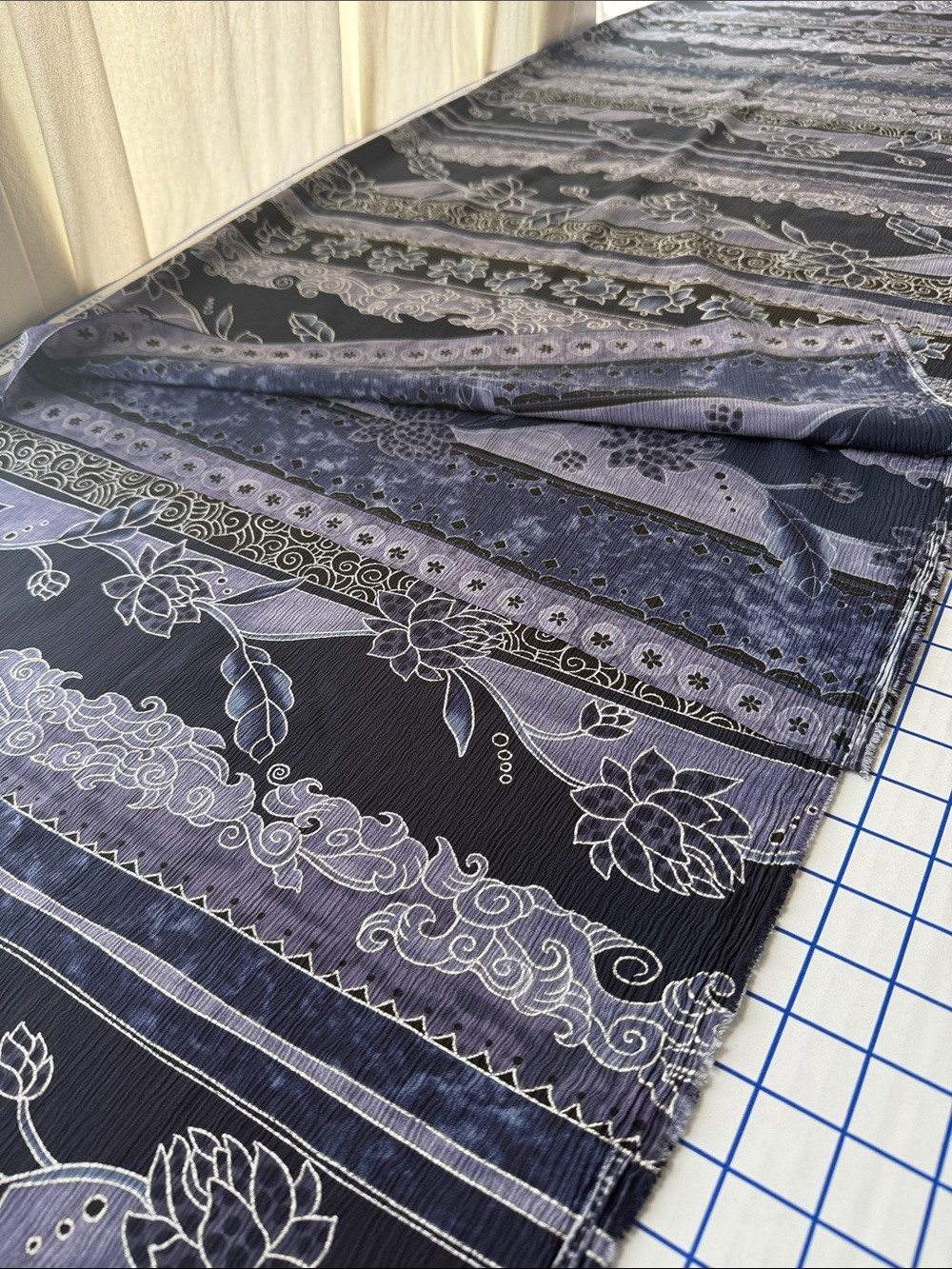Vintage 1980s Crinkle Crepe Fabric Asian Floral Stripe Black Blue 3 1/3 Yds - Picture 10 of 13